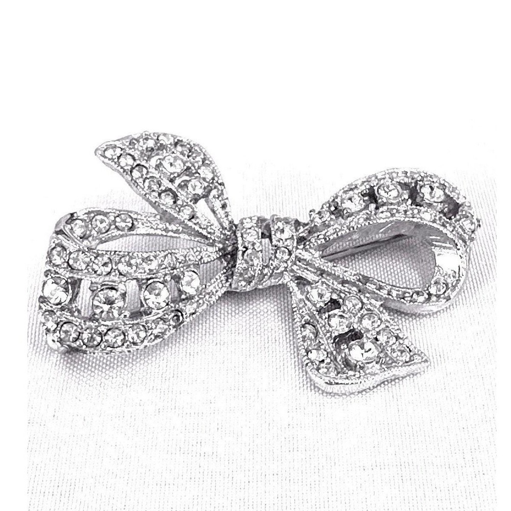 Vintage Rhinestone Bow Brooch Pin Silver Tone Elegant Jewelry Accessory